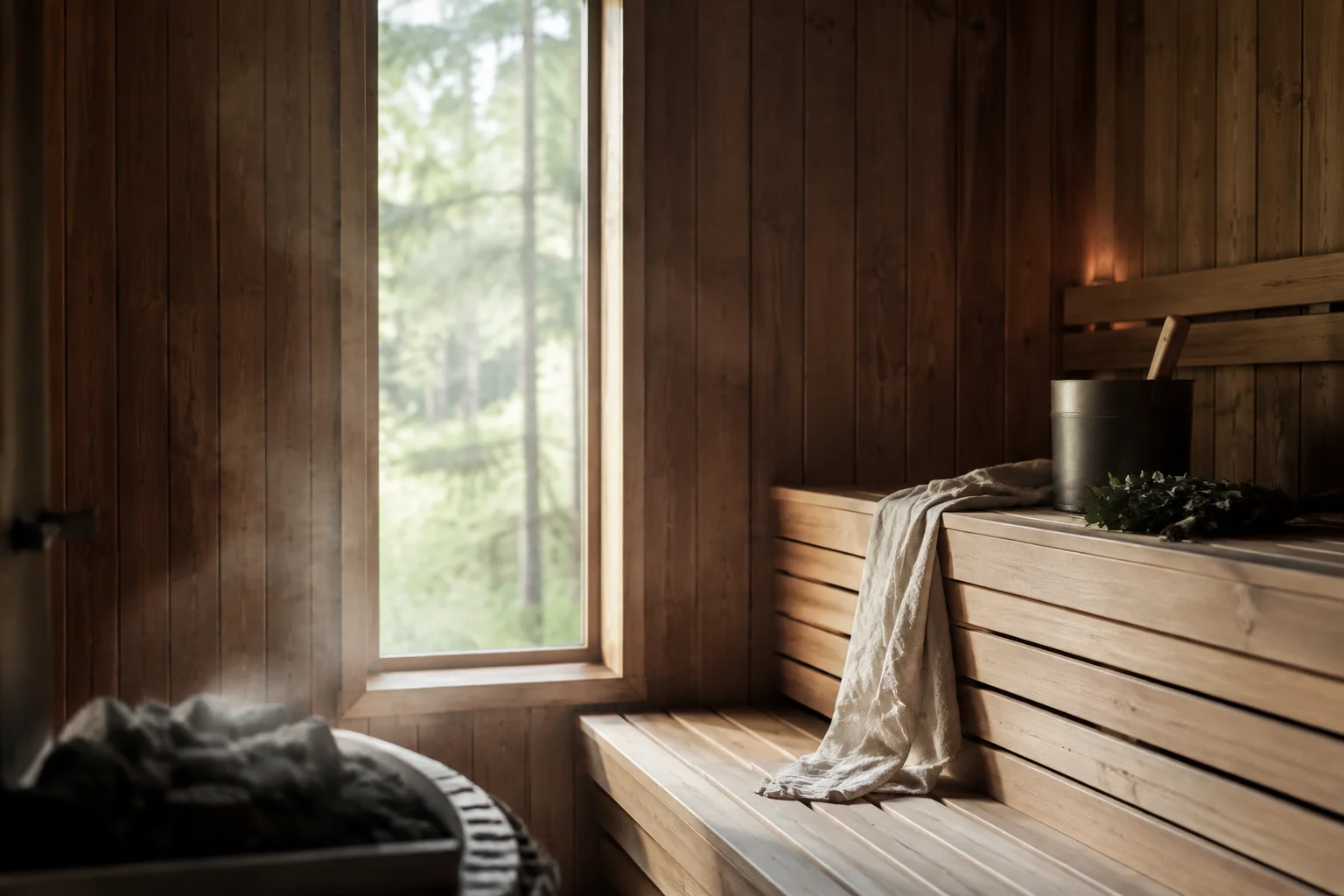 Warm timber sauna benches, dark stones and soft forest light