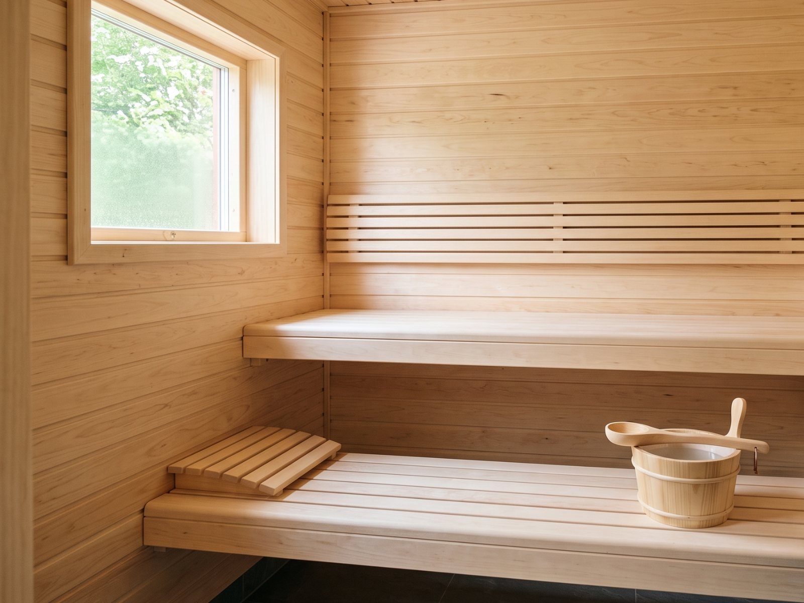 Pale aspen sauna interior with clear aspen benches, a slatted backrest and a small window (illustrative image)