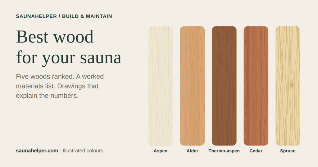 Illustrated colour swatches of five sauna woods: aspen, alder, thermo-aspen, cedar and spruce