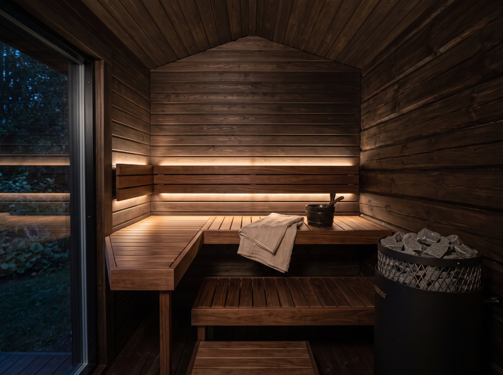 Dark thermo-aspen sauna interior with warm LED lighting under the upper bench and a stone-filled heater (illustrative image)
