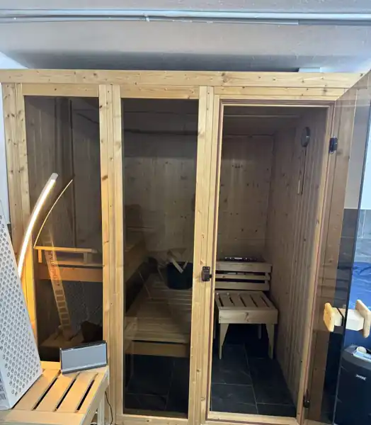 Our used wooden sauna with glass front, cut down to fit the basement